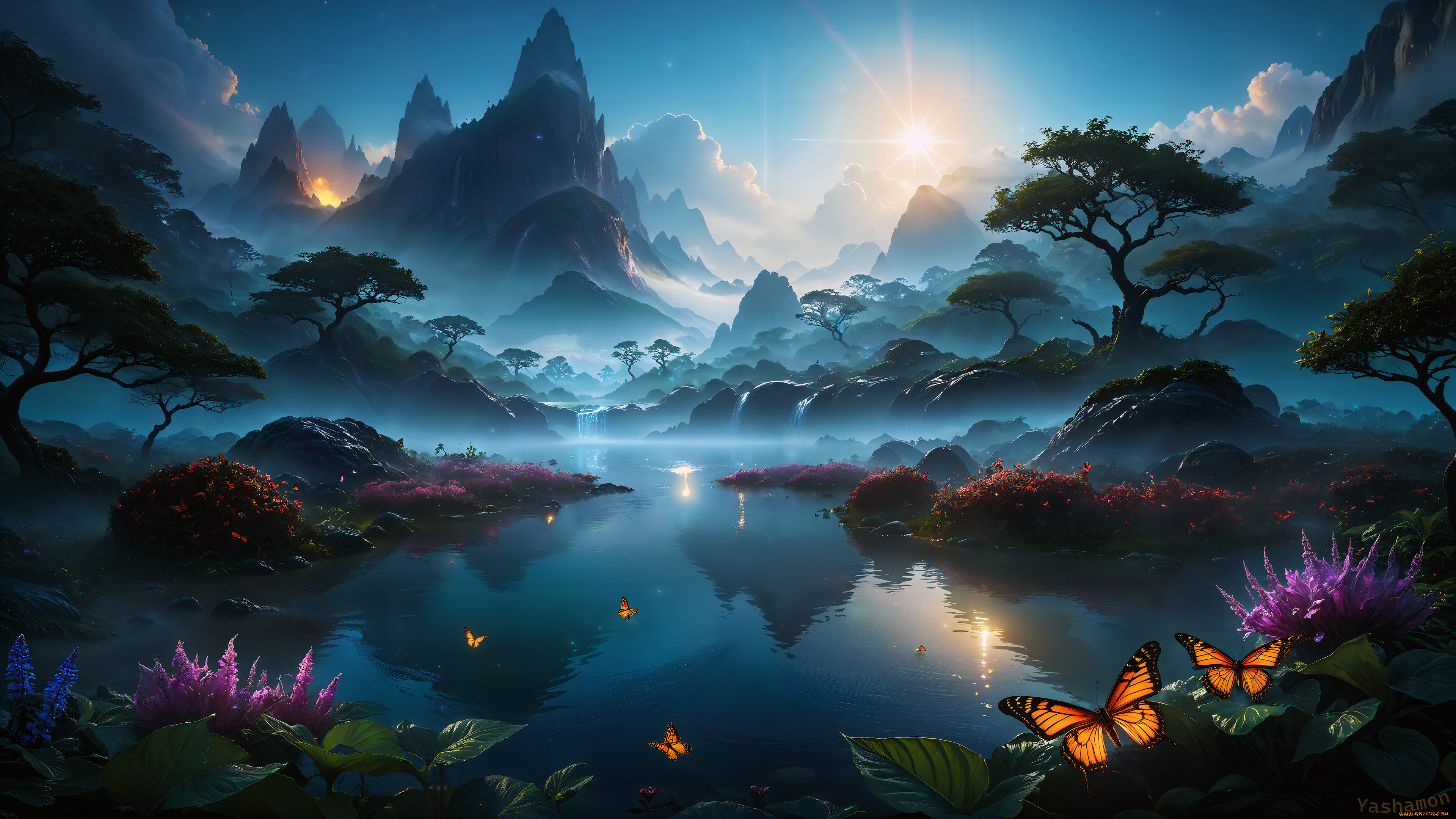 ,  ,   , foggy, scenery, waterfalls, dreamy, lake, mountains, hazy, tranquility, nature